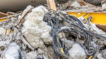 Damaged structural beam entangled with exposed electrical wires and insulation in construction debris