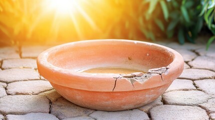 Cracked terracotta bird bath sitting empty in a dry garden setting under warm sunlight