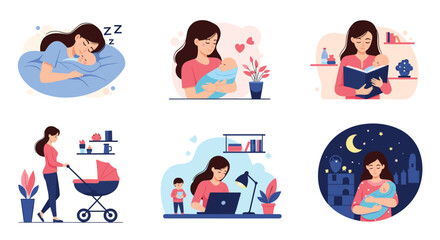 A beautiful collection of illustrations showing the daily life and routine of a new mother caring for her newborn baby at home. The loving moments include sleeping feeding reading and working.