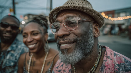 Black History Month candid moment of Black friends laughing on city street