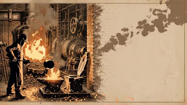 Man pouring molten liquid metal into a mold in vintage-style steel mill and forging workshop with brick wall