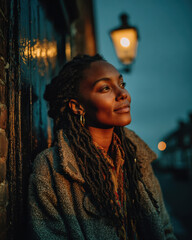 Black woman under streetlight at dusk during Black History Month
