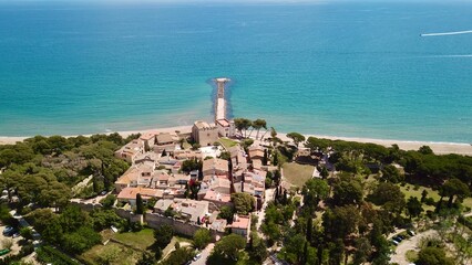 aerial view of the medieval village of Sant Marti d&rsquo;Empuries at a summer day, L'Escala Girona, Catalonia, Spain