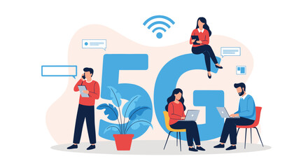 People using laptops and smartphones to connect to a high-speed 5G network for fast internet and global communication. The flat vector illustration represents the next generation of mobile technology.