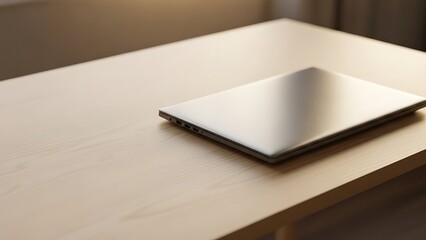 Modern laptop on wooden desk in minimalist workspace setting