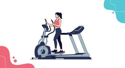 A woman exercising on an elliptical trainer machine next to a treadmill in a gym. This simple line art illustration with color accents promotes fitness cardio workouts and a healthy active lifestyle.