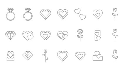 Fototapeta premium Set line icons of love and romance including hearts diamonds rings and roses