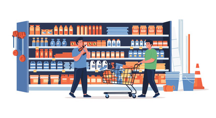 Two men shopping for cleaning supplies and household chemicals in a large supermarket or hardware store aisle. The flat vector illustration depicts customers making a purchase in a retail environment.