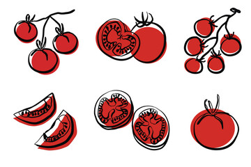 Set of tomato icons. Cherry tomatoes on a vine, sliced in doodle sketch style. Vector illustration with tomatoes for restaurant and café menu design, packaging design. © Hanna Yemelianova