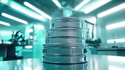 Stack of empty sterile specimen jars with screw on lids in a laboratory setting