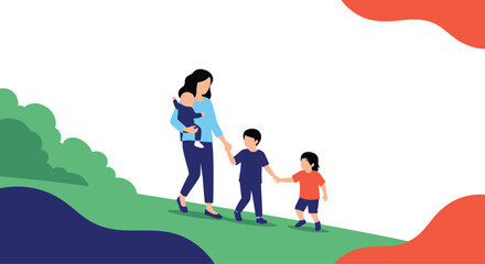 Mother walking with her three young children in a park on a beautiful day enjoying quality family time together outside.