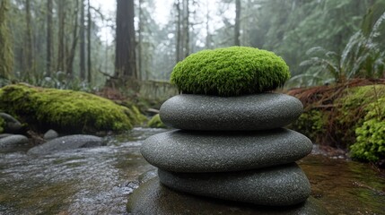 Stack of smooth grey river rocks topped with vibrant green moss beside a forest stream