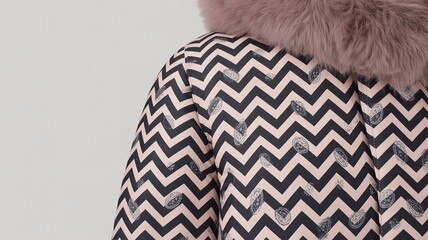 Detailed View of Pink and Black Chevron Patterned Puffer Jacket Featuring Mauve Faux Fur Collar