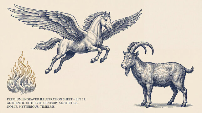 Collection of premium engraved illustrations showcasing a winged unicorn and a majestic goat in timeless beauty