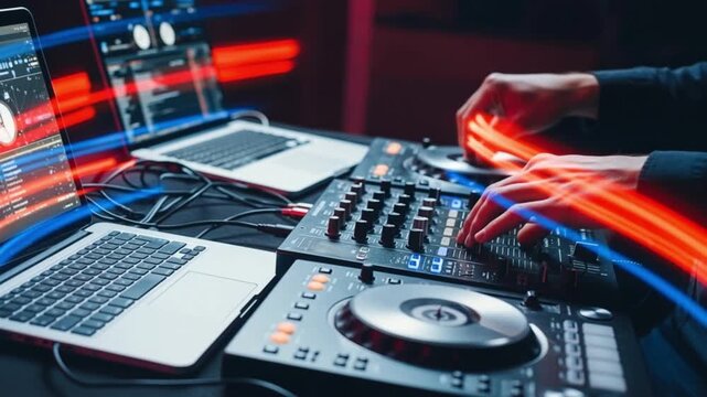 Dj operating a digital audio workstation with laptops and controllers in a dark room with neon light trails