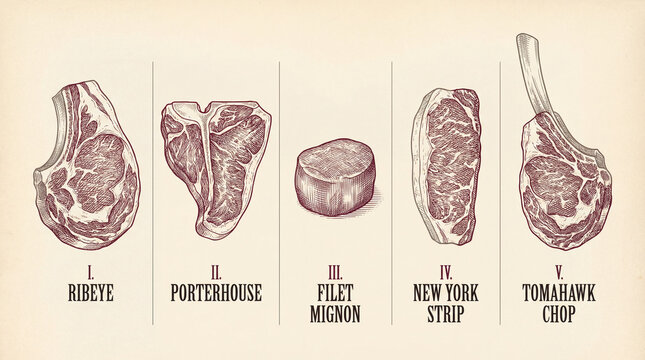 Unique collection of engraved premium meat cuts showcasing ribeye, porterhouse, filet mignon, New York strip, and tomahawk chop