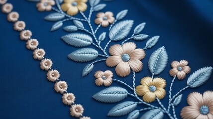 Title Macro View of 3D Floral Embroidery Featuring Silver and Gold Silk Thread Work on Deep Navy Blue Fabric