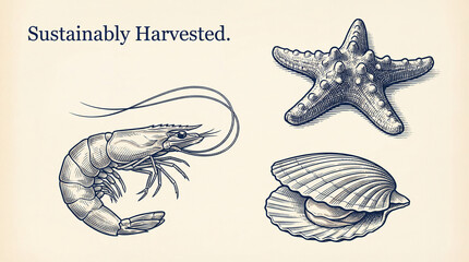 Engraved premium collection showcasing sustainable sea life with shrimp, starfish, and scallop illustrations