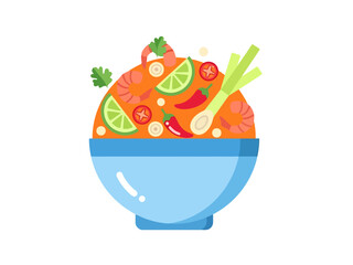 Flat Design Bowl of Spicy Seafood Soup with Shrimp Lime and Chili Peppers