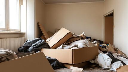 A cluttered room filled with boxes and other debris, evoking a sense of chaos. The room's untidy state suggests disorganization and neglect. Mess, boxes, inside.