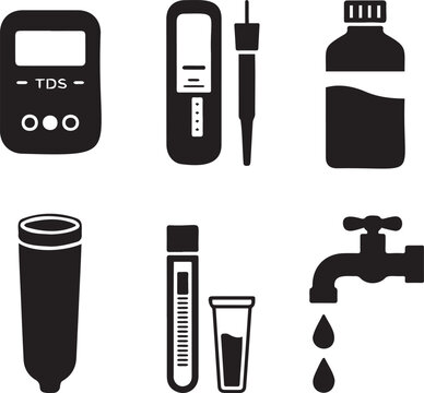 Water Quality Testing Silhouette Icons Bundle &ndash; TDS Meter Thermometer Test Tube Tap Drops Hygiene Set