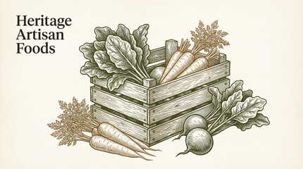 Engraved collection of fresh vegetables in a wooden crate highlighting artisan foods