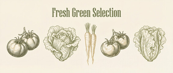 Discover the beauty of premium engraved illustrations showcasing a fresh green selection of vegetables