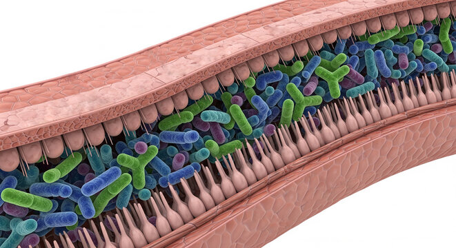 Human Gut Microbiome Bacteria In Intestinal Wall Cross Section Illustration