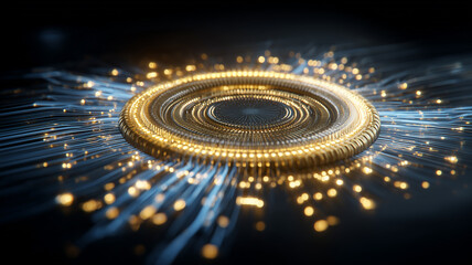 A circular array of luminous digital rings representing advanced connectivity and high level data interaction in a modern technological ecosystem.
