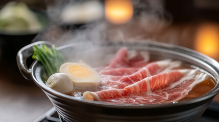 A steaming pot of Japanese Shabu-Shabu, a hot pot dish with thinly sliced meat, vegetables, and noodles simmering in a flavorful broth, creating a comforting and communal dining experience.