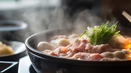 A steaming pot of flavorful hot pot, filled with tender meat, delicate dumplings, and fresh greens. A comforting culinary delight, perfect for sharing with friends.