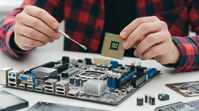 Person in plaid shirt assembling computer hardware with microchip and screwdriver on white table