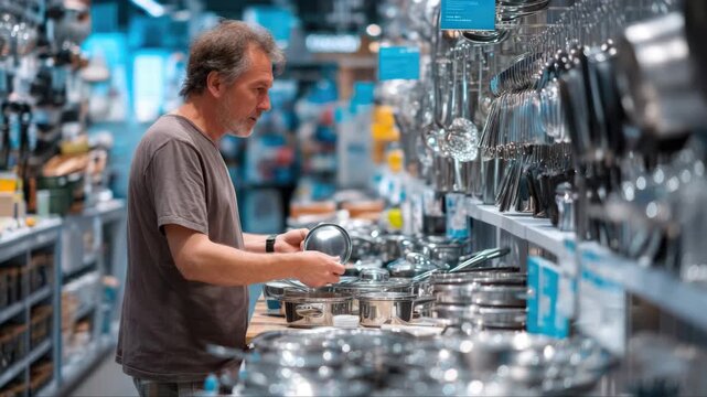Man examining various cookware options in a well-lit kitchenware store, showcasing detailed product features, camera pans and zooms in for emphasis on selection process