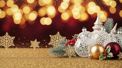 Elegant Christmas Ornaments with Golden Bokeh Lights