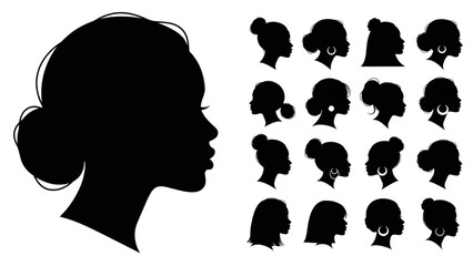 Silhouettes of women with various hairstyles displayed alongside a profile portrait © Stock Image Zone
