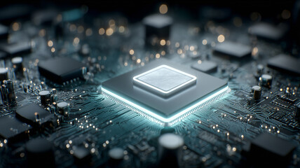 A futuristic processor illuminated on a circuit board representing advanced computing power and next generation digital performance.
