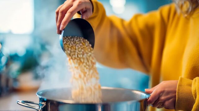Woman in yellow sweater pours corn kernels into a pot, showcasing the cooking process with steam rising, camera follows the action with a smooth dolly movement