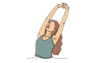 Young woman stretching her arms upwards in a yoga pose, practicing relaxation and flexibility.