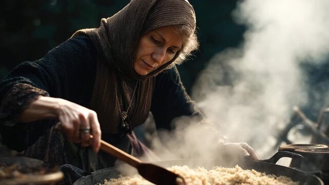 Elderly woman stirring steaming pot of rice outdoors, showcasing traditional cooking methods, camera gradually zooms in to capture intricate details and textures