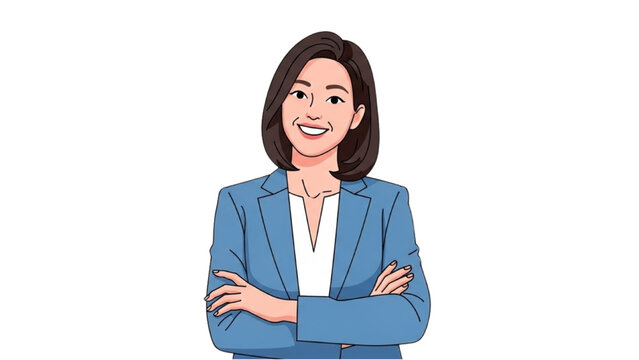 A confident businesswoman stands with her arms crossed, illustration of a professional woman in a blue suit