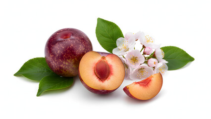 Fresh ripe plum fruit with green leaves, half plum, and delicate blossoms on a white background