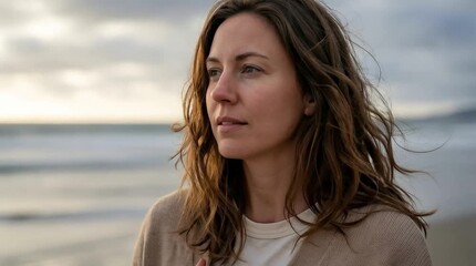 Thoughtful woman standing by ocean at dusk for emotional wellness coastal lifestyle and mental health advertising