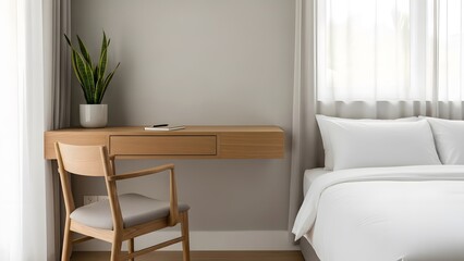 Fototapeta premium Minimalist Scandinavian Bedroom with Floating Wooden Desk Light Chair Houseplant and Bright Natural Light