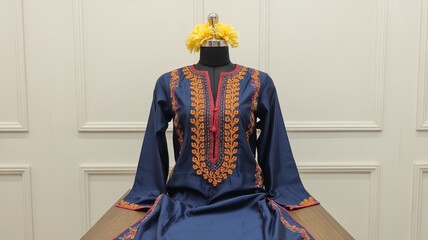 Traditional Navy Blue Silk Tunic with Vibrant Orange Floral Embroidery on Neckline and Sleeves Displayed on Mannequin