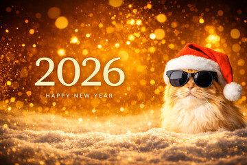 Happy New Year 2026 funny cat in Santa hat with sunglasses