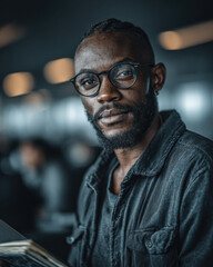 Black History Month photo of Black journalist holding notebook in newsroom