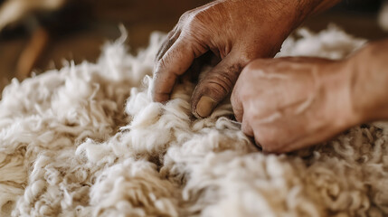Close-up of artisan's hands gently handling fluffy, unprocessed wool. The texture is raw, highlighting the natural fibers before crafting into textiles. A timeless craft.