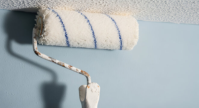 Paint roller on light blue wall with white ceiling and blue stripes