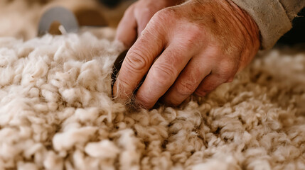 Close-up of hands sorting raw wool, showcasing the texture and fiber quality. Focus on the artisan skill in preparing wool for textile creation.