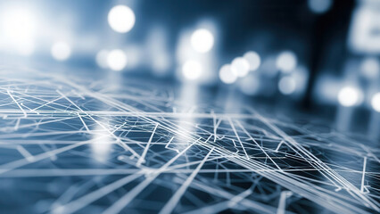 Digital network grid with glowing connection lines and blurred background.
